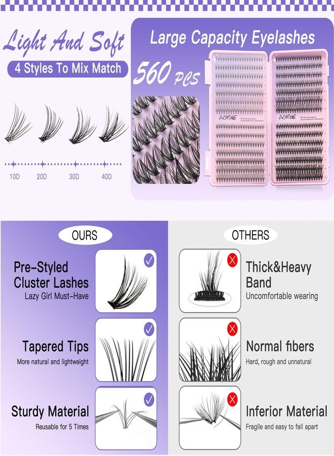 AOPING Lash Clusters Kit Wispy Lashes Extension Kit D Curl False Eyelashes Clusters 560Pcs 10D+20D+30D+40D+50D, 8-16mm with Eyelash Tools Set (Lash Bond and Seal, Lash Remover, Lash Brush, Lash Tweezers) - Image 5